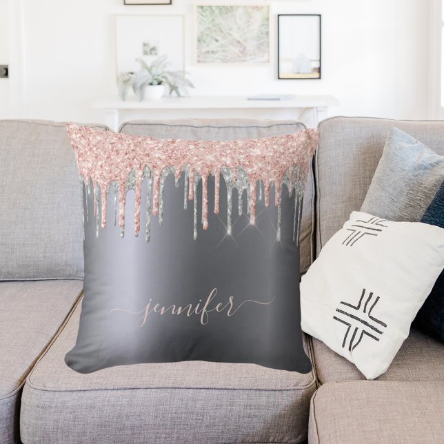 Silver glitter blush pink drips script throw pillow (Creator Uploaded)