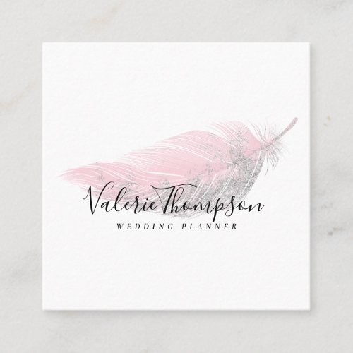 Silver glitter blush pink feather modern elegant square business card