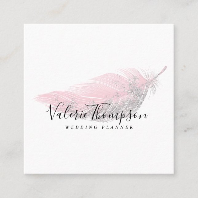 Silver glitter blush pink feather modern elegant square business card (Front)