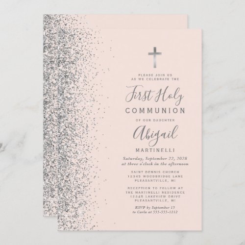 Silver Glitter Blush Pink First Holy Communion Invitation