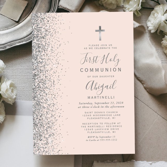 Silver Glitter Blush Pink First Holy Communion Invitation (Creator Uploaded)