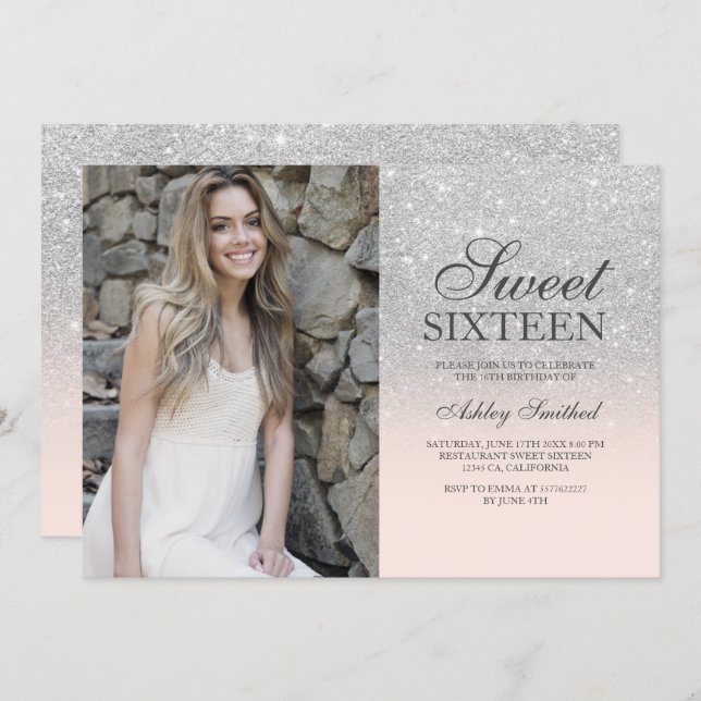 Silver glitter blush pink ombre photo Sweet 16 Invitation (Front/Back)