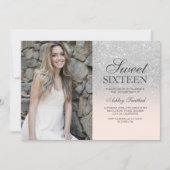 Silver glitter blush pink ombre photo Sweet 16 Invitation (Front)