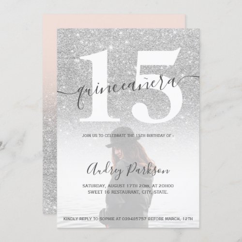 Silver glitter blush pink quinceanera photo invitation