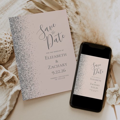 Silver Glitter Blush Pink Save the Date Announcement
