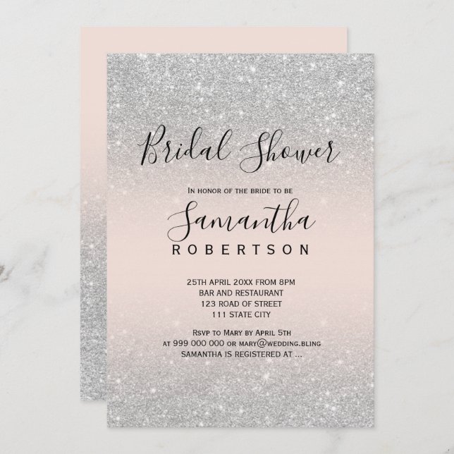 Silver glitter blush pink script bridal shower invitation (Front/Back)