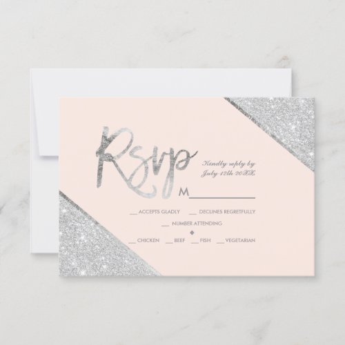 Silver glitter blush pink script wedding Rsvp