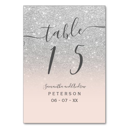 Silver glitter blush pink script wedding table table number