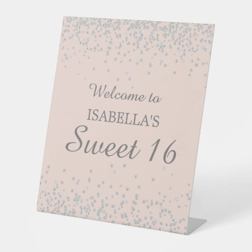 Silver Glitter Blush Pink Sweet 16 Welcome Name Pedestal Sign