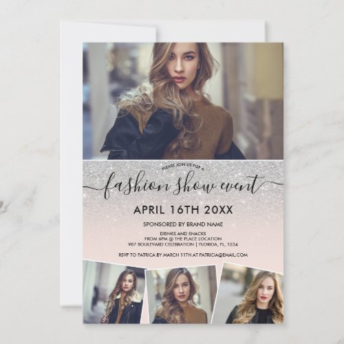 Silver glitter blush script photos fashion show invitation