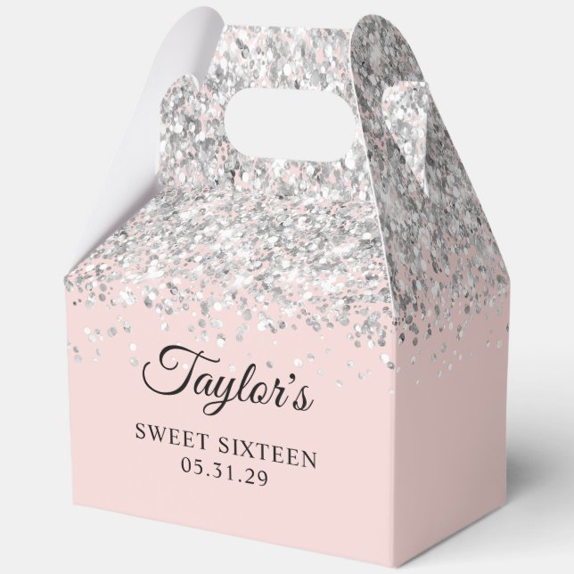 Silver Glitter Blush Sweet Sixteen Favor Boxes (Front)
