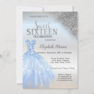 Silver Glitter Bokeh,Blue Dress Silver Sweet 16 Invitation