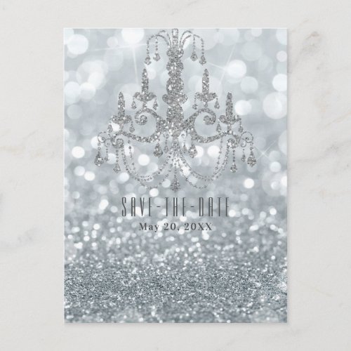 Silver Glitter Bokeh Glam Chandelier Save the Date Announcement Postcard