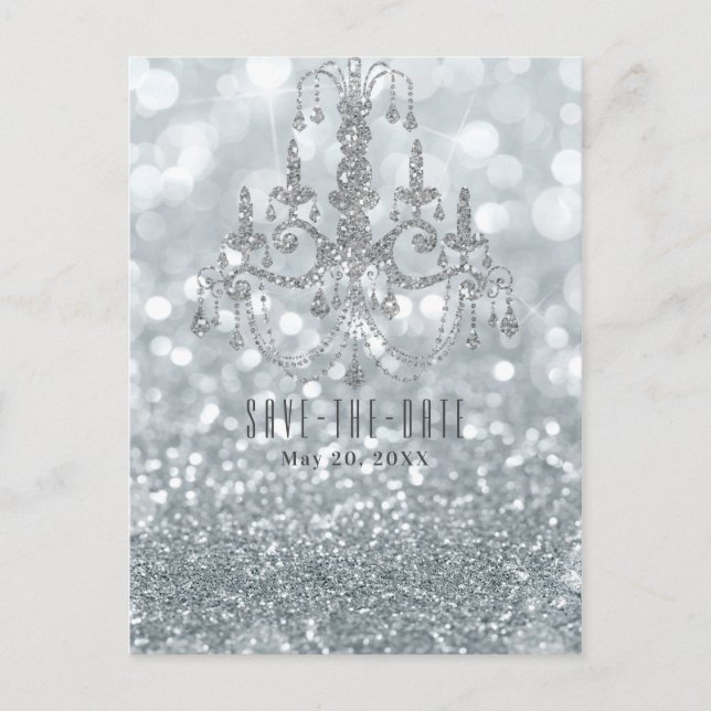Silver Glitter Bokeh Glam Chandelier Save the Date Announcement Postcard (Front)