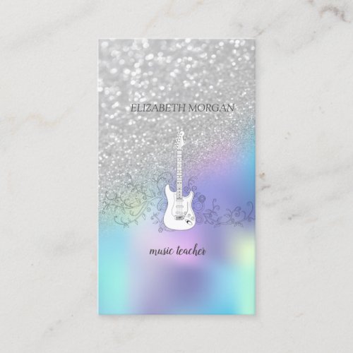 Silver Glitter Bokeh GuitarBlue Holographic Business Card