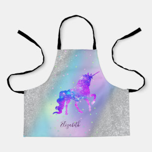 Silver Glitter Bokeh Holographic Unicorn Apron