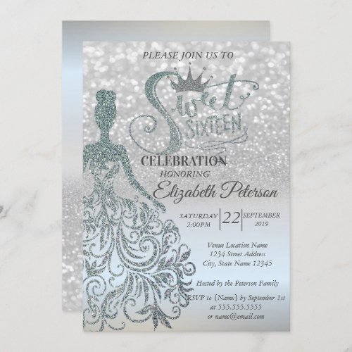 Silver Glitter Bokeh Ombre DressTiaraSweet 16 Invitation