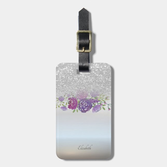 Silver Glitter Bokeh Ombre,Flowers  - Personalized Luggage Tag (Front Vertical)