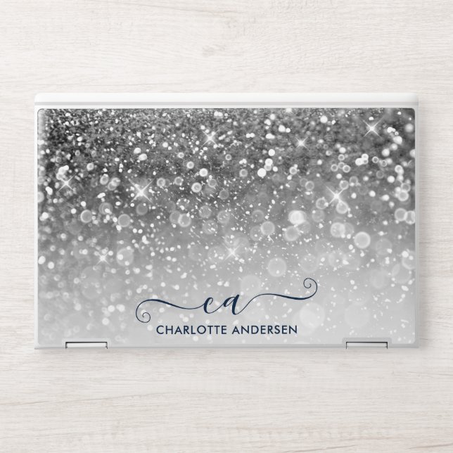 Silver Glitter Bokeh Ombre Monogram Name  HP Laptop Skin (Front)