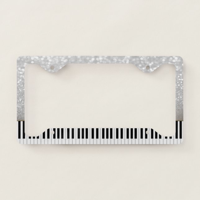 Silver Glitter Bokeh Ombre,Piano Key License Plate Frame (Front)
