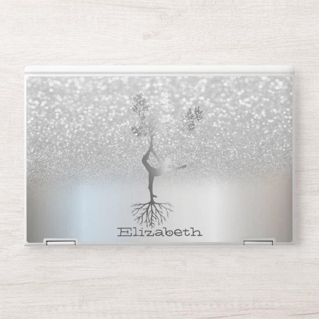 Silver Glitter Bokeh Silver Tree Women Silhouette HP Laptop Skin (Front)