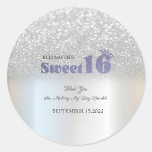 Silver Glitter Bokeh Sweet 16 Crown Classic Round Sticker