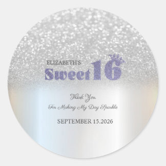 Silver Glitter Bokeh Sweet 16 Crown Classic Round Sticker
