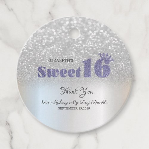 Silver Glitter Bokeh Sweet 16 Crown Favor Tags