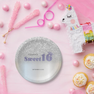 Silver Glitter Bokeh Sweet 16 Crown Paper Plates