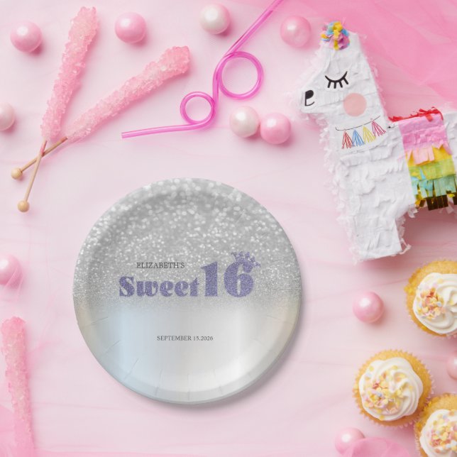 Silver Glitter Bokeh Sweet 16 Crown Paper Plates (Party)