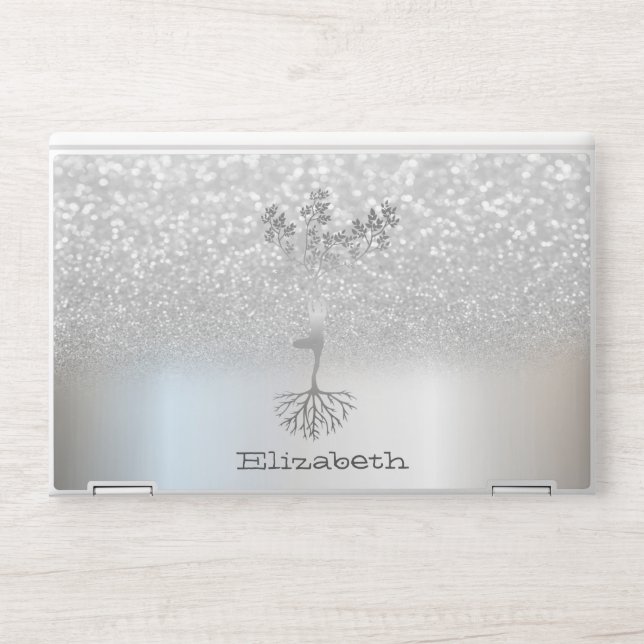 Silver Glitter Bokeh Tree Women Silhouette HP Laptop Skin (Front)