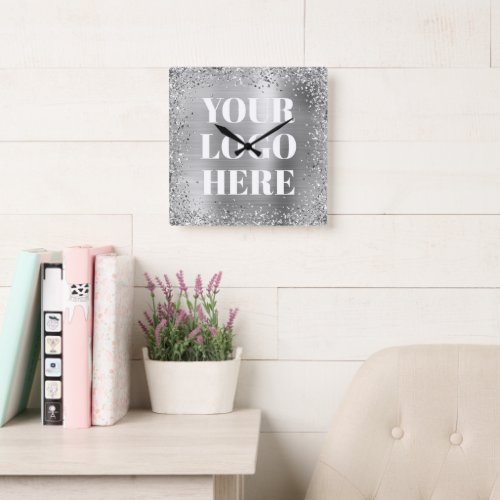 Silver Glitter Border and Foil Logo Square Wall Clock