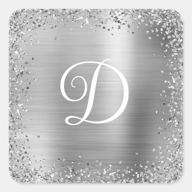 Silver Glitter Border and Foil Monogram Square Sticker (Front)
