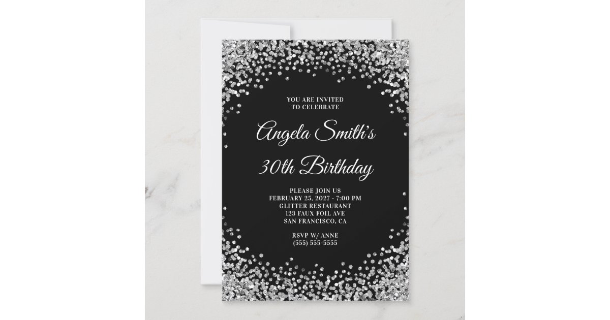 Silver Glitter Border Black 30th Birthday Invitation | Zazzle