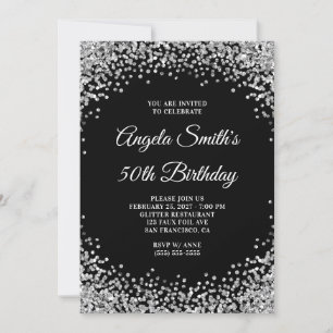 Silver Glitter Border Black 50th Birthday Invitation