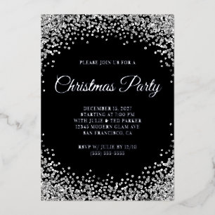 Silver Glitter Border Black Christmas Party Foil Invitation