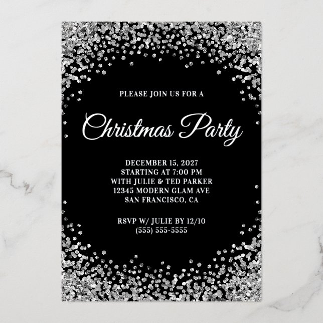 Silver Glitter Border Black Christmas Party Foil Invitation (Front)