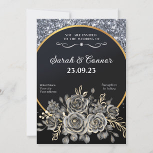 Silver Glitter Border Black Roses Invitation