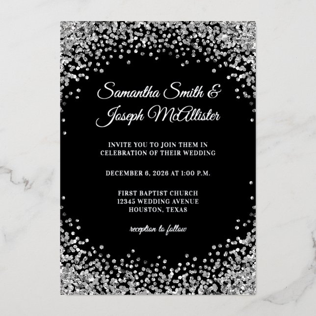 Silver Glitter Border Black Wedding Foil Invitation (Front)