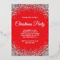 Silver Glitter Border Red Christmas Party Foil Invitation