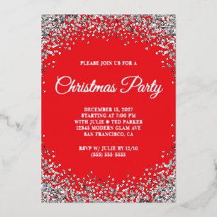 Silver Glitter Border Red Christmas Party Foil Invitation