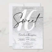 Silver glitter border script marble photo Sweet 16 Invitation (Front)