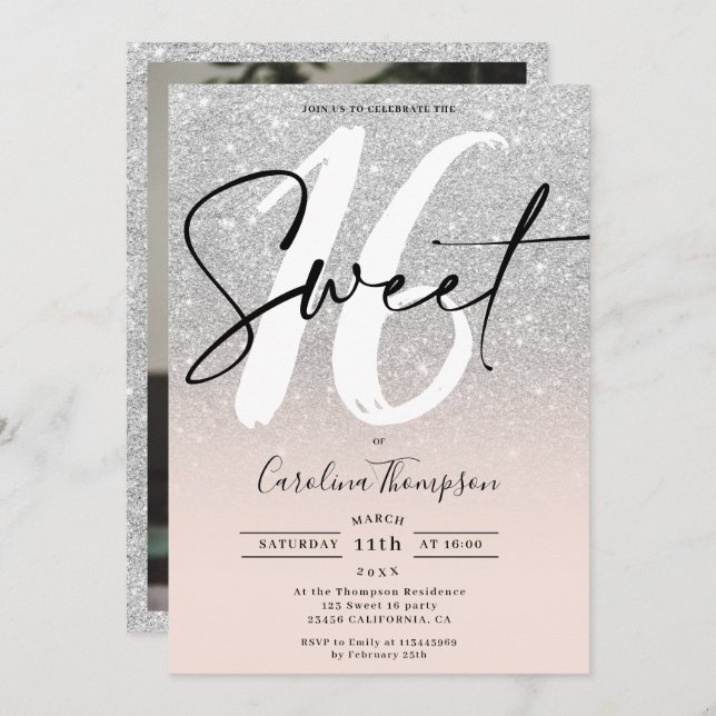 Silver glitter border script photo Sweet 16 Invitation (Front/Back)