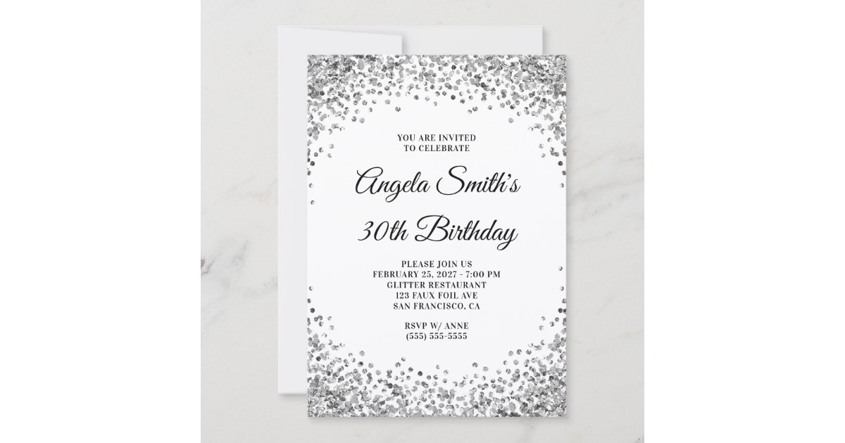 Silver Glitter Border White 30th Birthday Invitation | Zazzle