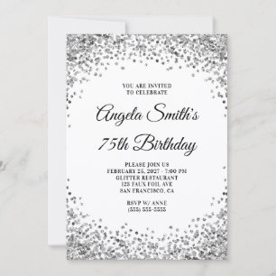 Silver Glitter Border White 75th Birthday Invitation