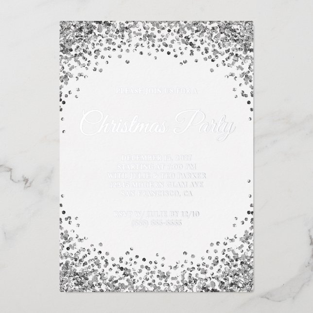 Silver Glitter Border White Christmas Party Foil Invitation (Front)