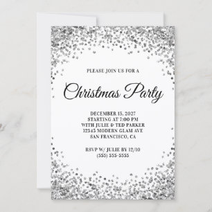 Silver Glitter Border White Christmas Party Invitation