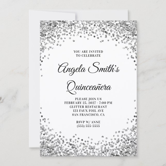 Silver Glitter Border White Quinceanera Invitation (Front)