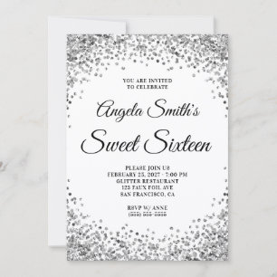 Silver Glitter Border White Sweet Sixteen Invitation