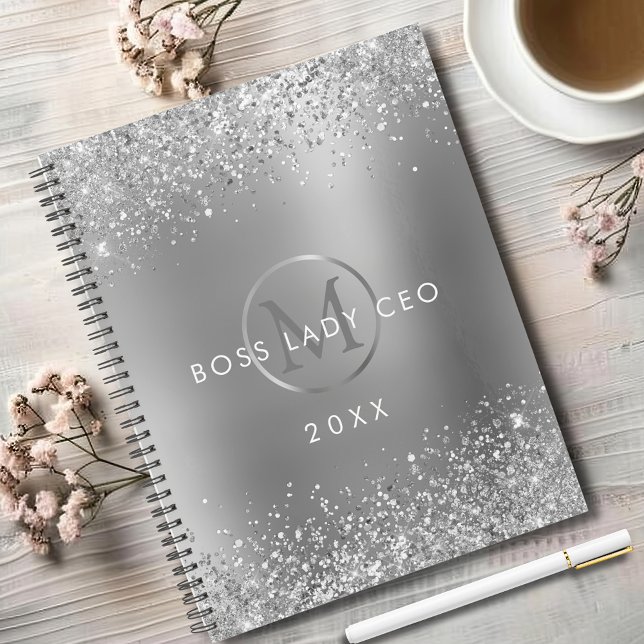 Silver Glitter Boss Lady CEO Monogram Planner (Sparkly Silver Glitter Boss Lady CEO Metallic Silver Monogram Annual Planner)